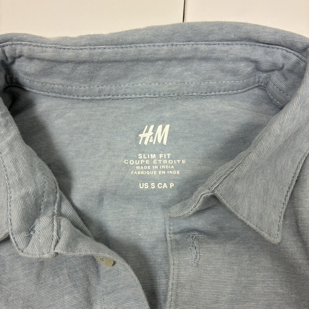 H&M Polo Shirt Men's Small Slim Fit Light Blue Short Sleeve Cotton Casual Shirt - Picture 3 of 5